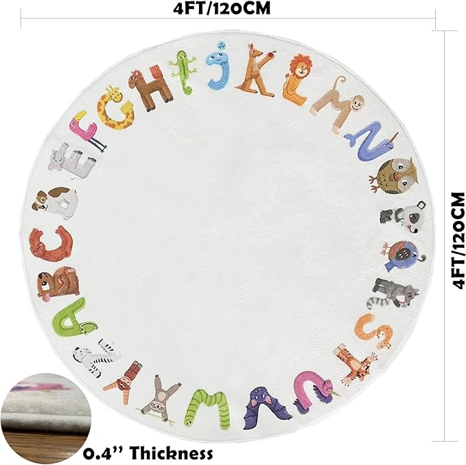 ABC 4ft Round Kids Play Rug - Soft Crawling Mat, Non Slip Alphabet Educational Rug for Toddlers, Baby, Nursery, Playroom, Classroom, Bedroom Decor