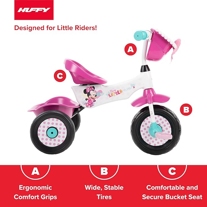 Huffy Disney Minnie Mouse Girl's Trike, Ideal for Ages 3+, Minnie Mouse Graphics, Pink Handlebar Bow Basket, Storage Bins for Snacks or Toys, Sturdy and Durable, Safe for Toddlers