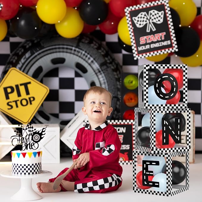 Fast ONE Birthday Decorations for Boys, Race Car Letters Boxes with Balloons, ONE Blocks for First lap around the track Formula one Theme 1st Birthday Photoshoot Props