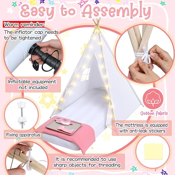 Windyun 6 Pack Kids Teepee Tent Bulk with Light and Inflatable Airbed, Natural Cotton Toddler Play Tent Washable for Girls Boys Indoor Outdoor Slumber Party Birthday Gifts (White)