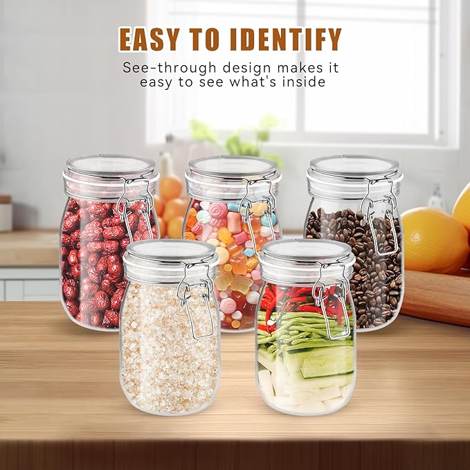 2 Pcs PET Plastic Storage Jar with Clamp Lid Empty Food Storage Container Bottle Large Refillable Canister For Nuts Sugar Coffee Candy Cookie Tea Spices And More (clear, 1000ml/33oz)
