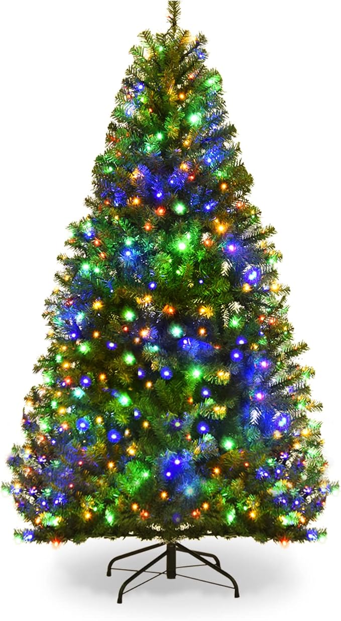 COSTWAY 5 FT Pre-lit Christmas Tree, Artificial Xmas Tree with 150 Warm White & Multicolored Lights, 11 Modes, 600 Branch Tips, Metal Support, Holiday Decoration Fake Tree for Home, Office, Party