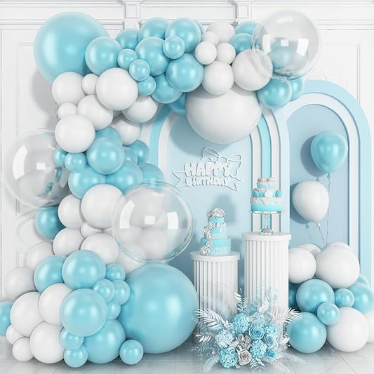 Pearl Teal Blue White Balloon Arch Kit, Double Stuffed Pearl Turquoise Balloons Garland Different Sizes 18/12/10/5 Inch Teal Balloon for Baby Shower Wedding Bridal Shower Birthday Decor