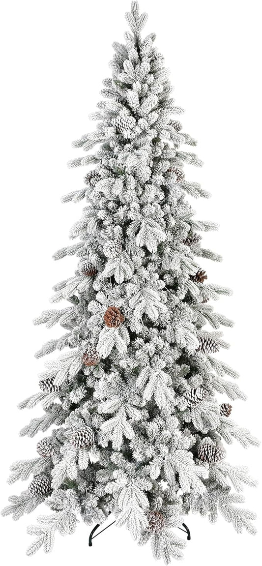 9 FT Snow Flocked Slim Fir Christmas Tree with 2138 PE & PVC Mixed Branch Tips,Unlit Artificial Skinny Pencil Xmas Tree with 52 Pine Cones,Hinged Premium Xmas Trees for Home,Office,Party Decoration