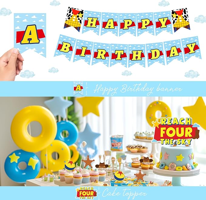 111 PCs Cartoon Toy 4th Party Decorations, Toy Themed Inspired Story Fourth Reach Four The Sky Birthday Decorations Backdrop Balloon Garland Arch Banner Tablecloth Cake Topper Blue