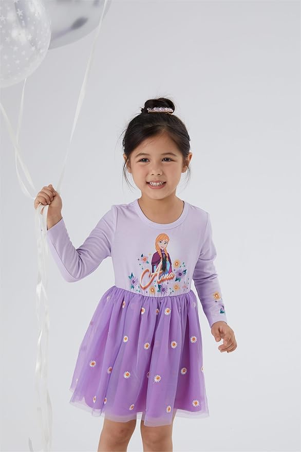 Disney Frozen Elsa Princess Cinderella Ariel Jasmine Rapunzel Baby/Toddler Dress, Ruffle Long-Sleeve Mesh Overlay Tulle Dress