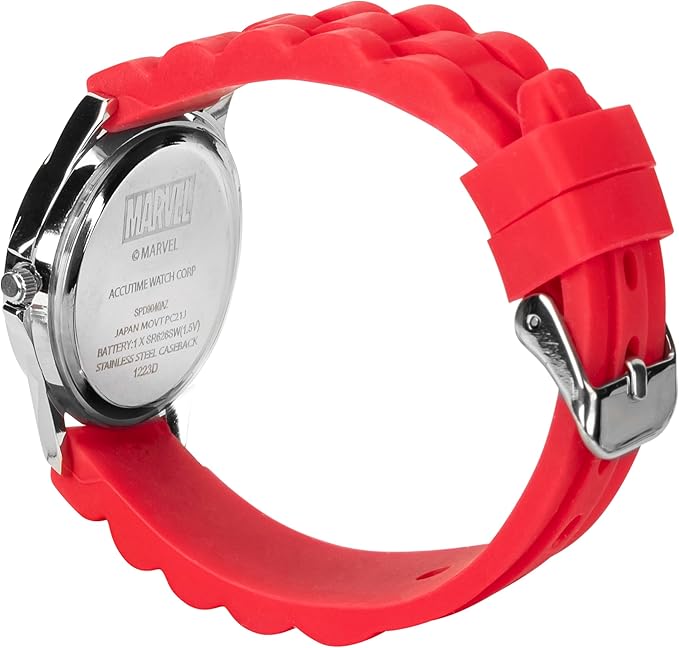 Accutime Spiderman Time Teacher Watch for Kids - Red Silicone Strap, Easy-to-Read Dial, Water Resistant, with Special Tin