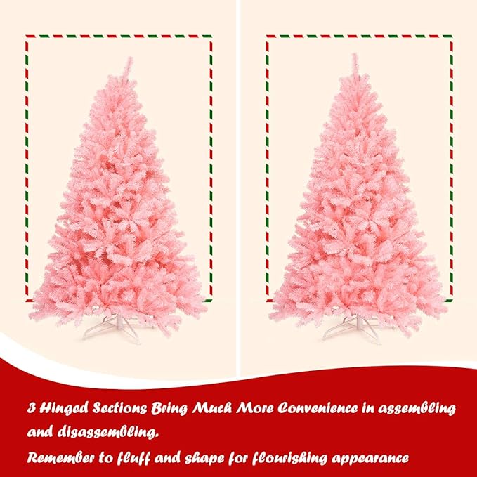 GOFLAME 7.5 ft Pink Artificial Christmas Tree, Hinged Spruce Full Tree w/Foldable Metal Stand, Cherry Blossom Color, 1036 Tips Christmas Tree for Home Office Party Decoration, Easy Assembly