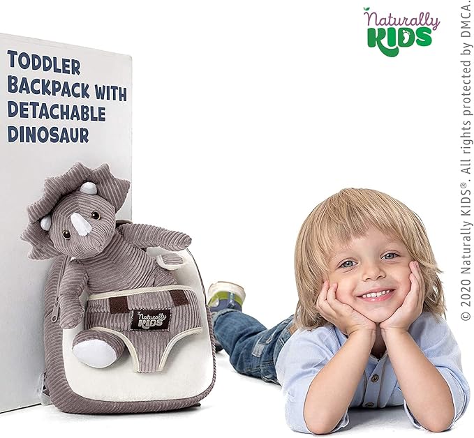 Naturally KIDS Small Dinosaur Backpack - Triceratops Dinosaur Toys for Kids 3-5 - Toddler Backpack for Boys & Girls - Grey Plush Stuffed Animal