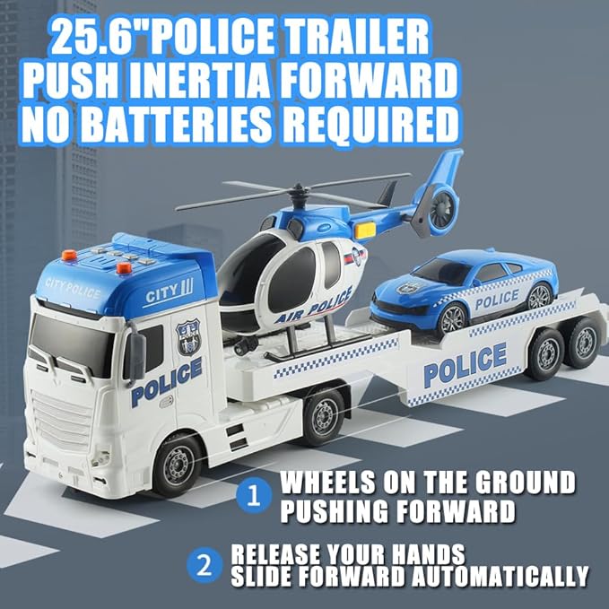 25" Police Toys Vehicle Truck Push & Go Rescue Playset 3 in 1 Includes Mini Police Car and Helicopter Toy in Semi Carrier Truck Gift for Toddlers Boys Age 3+(Police Trailer)