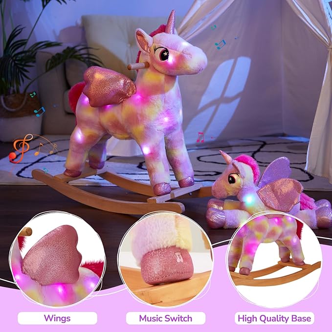Glow Guards Light up Musical Unicorn Rocking Horse Set of 2 with Stuffed Rainbow Unicorn Toys Ride On Unicorn with Wooden Chair Gifts for Toddler Children Age 3-6