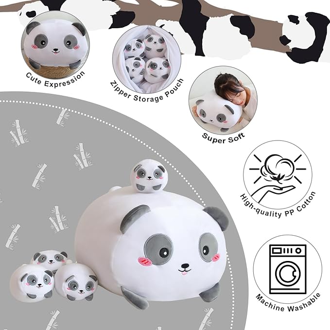 Panda Stuffed Animal Panda Plush with 4 Baby Plushies in Her Tummy, Soft Bear Toy Pillow Gifts for Kids Birthday
