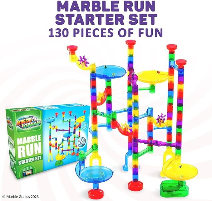 Marble Genius Marble Run - 130 Complete Pieces Maze Track Easter Toys for Adults, Teens, Toddlers & Kids Aged 4-8 Years Old, (80 Translucent Marbulous Pieces + 50 Glass-Marble Set), Starter Set