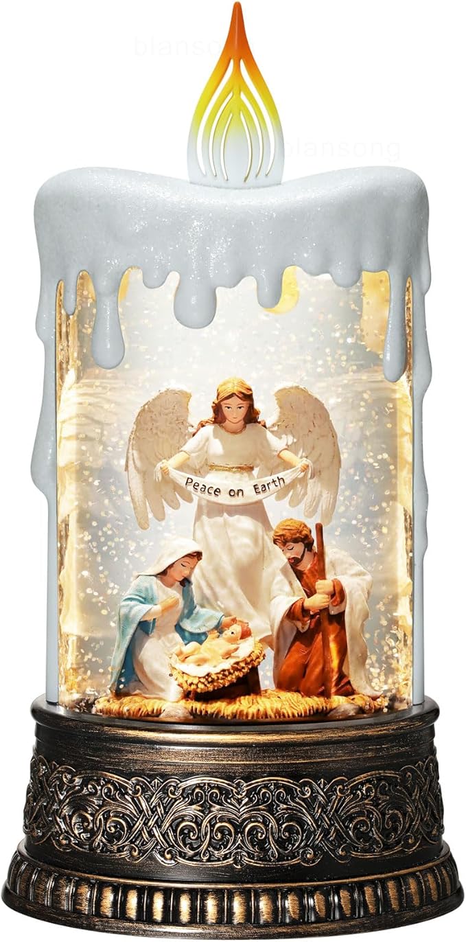 Nativity Snow Globes Candle Home Decor Accent Auto Snowfall Glitter Music Collection Angel Nativity Scene Peace on Earth with 6H Timer USB/Battery Powered 9.7 inch