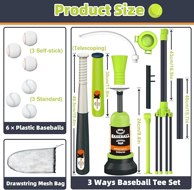 3-in-1 T Ball Set for Kids, Adjustable Height Hanging Baseball Batting Tee Set with 2 Bats, Teeball Hitting Stand, Ball Launcher for Toddlers, Sport Toys Outdoor/Indoor for Boys Girls
