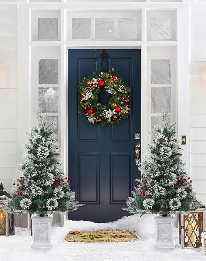 3FT Prelit Artificial Christmas Tree with Lights, 3 Foot Artificial Christmas Tree with Snowflake Base, 78 LED Prelit Christmas Tree, Battery Operated, Timer, Easy Assembly, Winter Holiday Decor