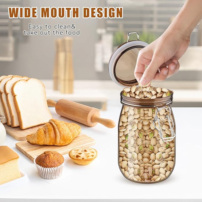 2 Pcs PET Plastic Storage Jar with Clamp Lid Empty Food Storage Container Bottle Large Refillable Canister For Nuts Sugar Coffee Candy Cookie Tea Spices And More (amber, 1000ml/33oz)