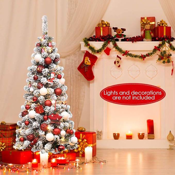 Happygrill 4.5FT Snow Flocked Pencil Christmas Tree Artificial Slim Xmas Tree for Indoor Outdoor Festival Decoration