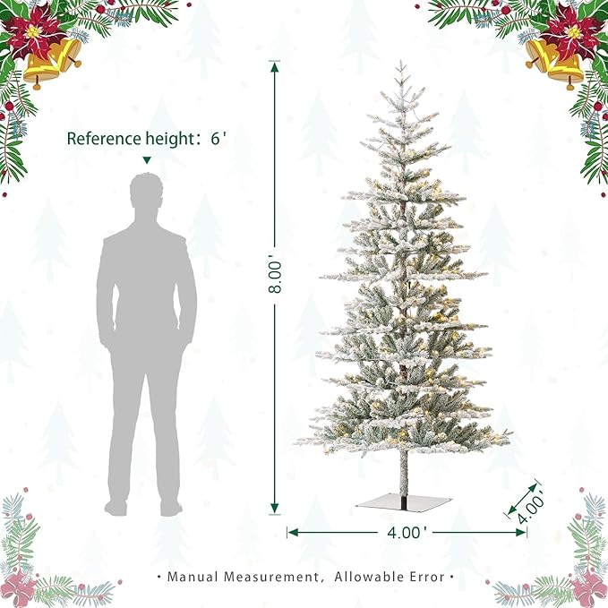 Glitzhome Christmas Tree with Lights, 8ft Deluxe Flocked Artificial Prelit Christmas TRE with 1523 PE&PVC Branch Tips, Majestic Frostfall Fir Hinged Xmas Tree w/450 Warm White Lights, Easy Assembly