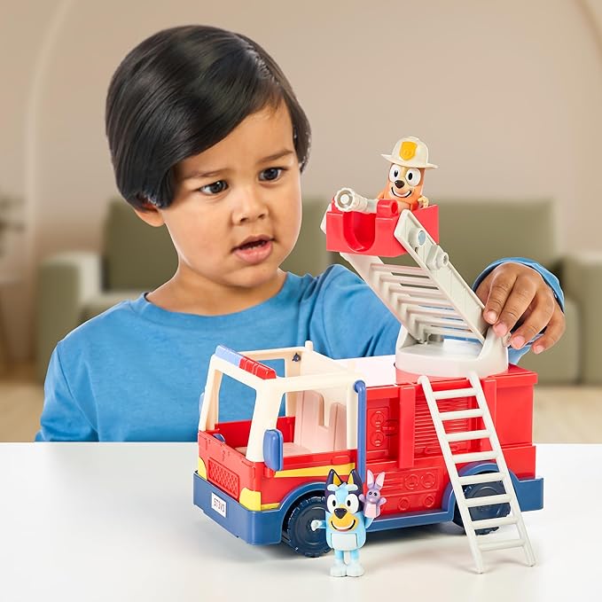 Bluey Firetruck Toy with Firefighter Bingo, Bob Bilby Figures | Extendable Ladder & Hose | Includes Stickers - Perfect for Kids Ages 3+