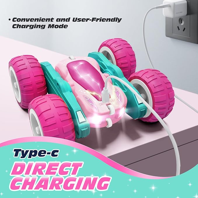 Tecnock Pink Remote Control Car for Girls and Boys, 2.4GHz RC Cars with USB-C Easy Charging, 4WD Double Sided 360° Rotates and Flips RC Stunt Car, Toys Gift for Kids Ages 6-8, 8-12