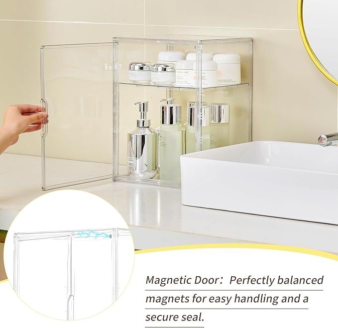 Acrylic Display Case with Removable Shelf, 2 Tier Clear Plastic Stackable Storage Bins with Magnetic Lids, Figure Display Case for Collectibles Cosmetic Acrylic Box, 4 Pack