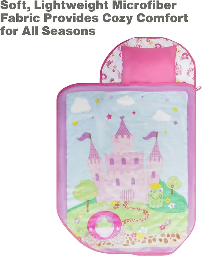 EVERYDAY KIDS Cute Preschooler and Toddler Cot Nap Mat for Home, Daycare, Preschool and Kindergarten; Easy to Roll Sleeping Mat with Elastic Straps, Pillow and Blanket