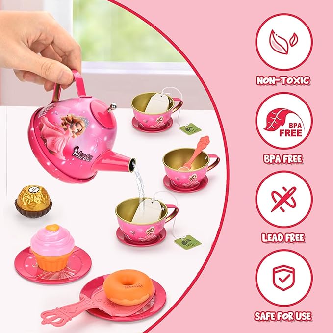 Tea Party Set for Little Girls, Pretend Tin Teapot Set, Princess Tea Time Play Kitchen Toy with Cups, Plates and Accessories for Birthday Easter Gifts Kids Toddlers Age 3 4 5 6