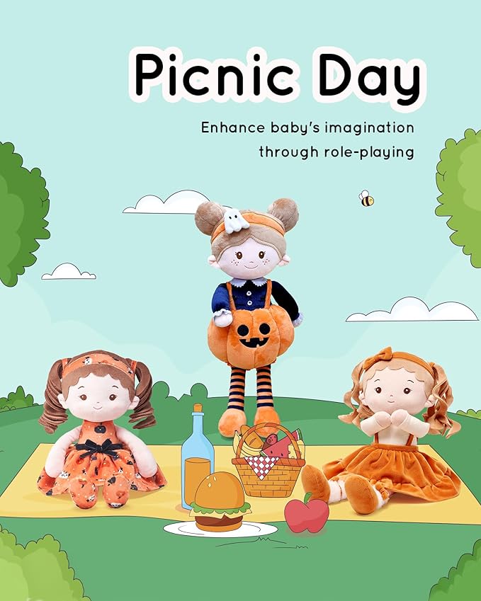 Soft Baby Doll Toys (16''), My First Baby Rag Doll for 1 Year-Old Girl Birthday Gift, Christmas Plush Toys Gift for Toddler Kids Infants-Halloween Special-Pumpkin Girl