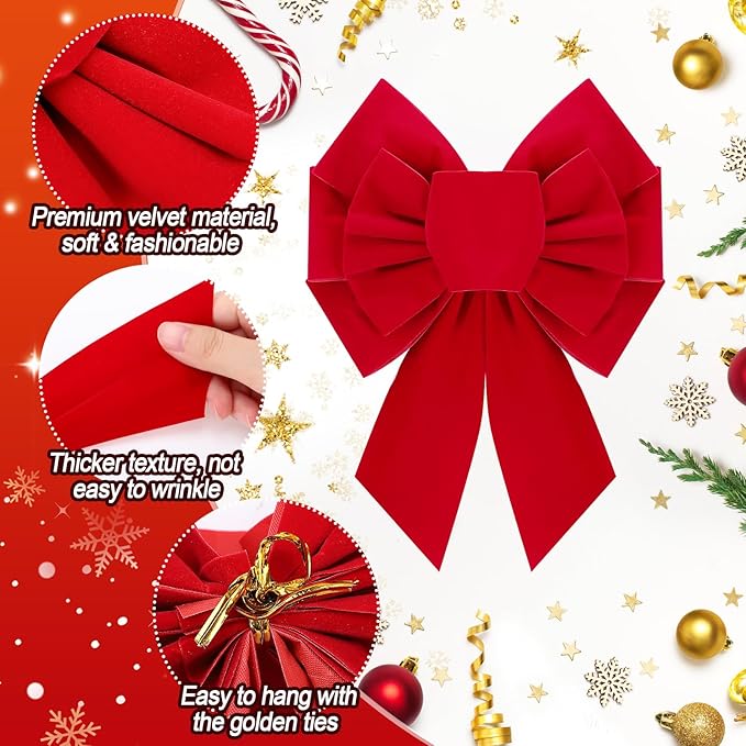MEWTOGO 6 Pcs Small Red Bows Christmas Tree Decor - 10.2"×7.9" Velvet Red Bows with Golden Tie, Easy Hanging for Window/Stairs/Porch/Gifts Warp/Party Supplies