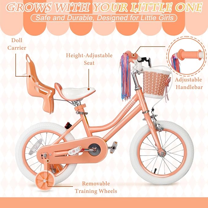 KORIMEFA Girls Bikes Ages 2-4 4-6 6-8 with Training Wheels 12 14 16 Inch, Little Small Kids Princess Toddler Bicycle with Streamers, Pedal Bike with Basket and Doll Seat, Coaster Brake, Birthday Gift
