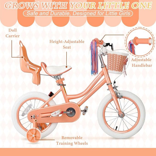 KORIMEFA Girls Bikes Ages 2-4 4-6 6-8 with Training Wheels 12 14 16 Inch, Little Small Kids Princess Toddler Bicycle with Streamers, Pedal Bike with Basket and Doll Seat, Coaster Brake, Birthday Gift