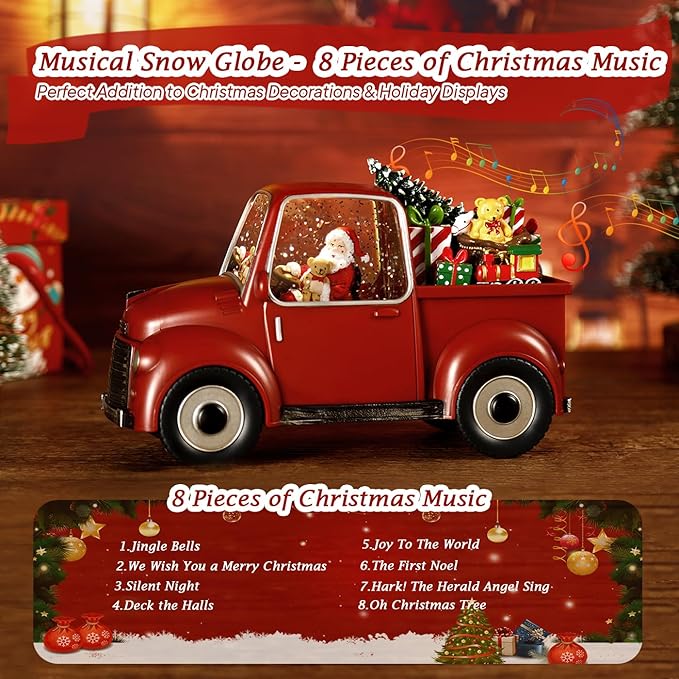 Musical Red Truck Snow Globe with Swirling Glitter with Santa, Christmas Tree,Gifts,Bear,Small Train,Christmas Decoration