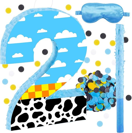 16 Inch Number 2 White Cloud Pinata with 16 Inch Piñata Stick Blindfold Confetti for Boy Girl Kids 2nd Birthday Party Decorations(2nd)