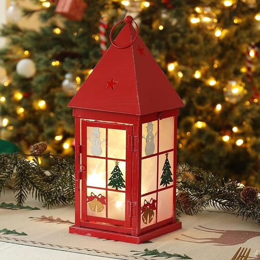 NEEDOMO Christmas Decorations for Home, 15'' Decorative Christmas Lantern Indoor Outdoor Decor, Metal Hanging Candle Holder with Xmas Snowman Bells and LED String for Table Centerpieces, Patio (Red)