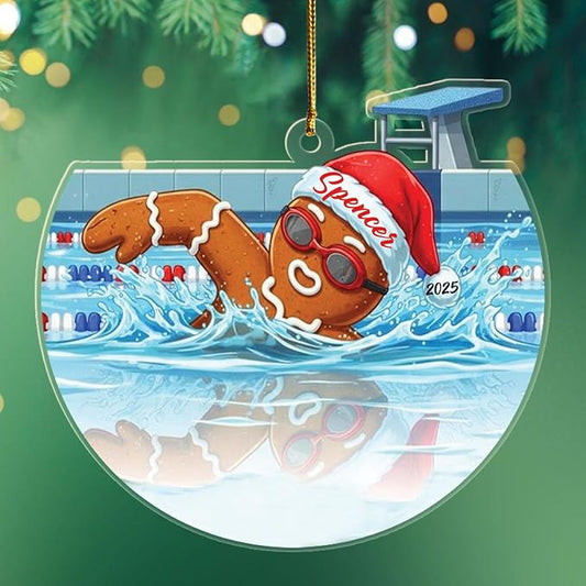 Personalized Swimming Shaped Xmas Ornament 2025, Unique Gingerbread Swimmer Keepsake Ornament Gift for Kids Daughter Son Dad Mom, Customized Year & Name Swimming Pool Lover Christmas Ornaments Decor