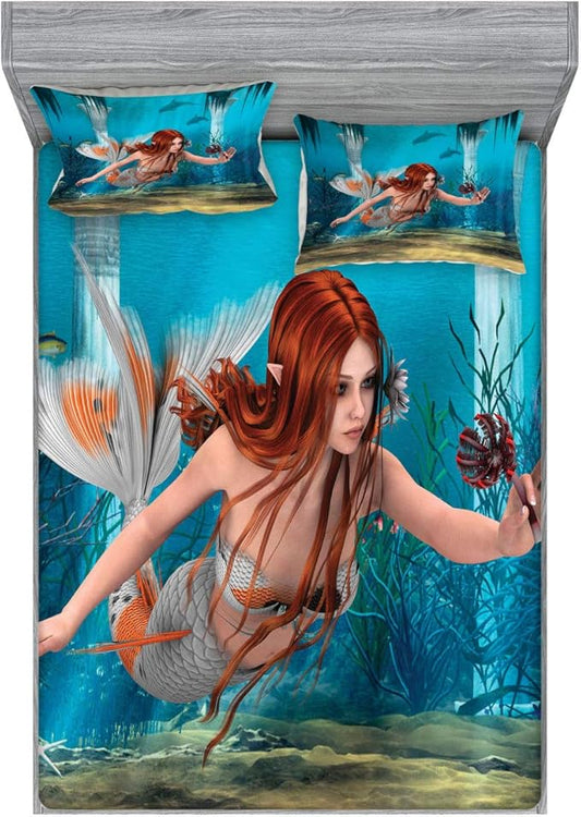 Ambesonne Mermaid Fitted Sheet & Pillow Sham Set, Lifelike Mermaid Holding a Sea Lily Magic Aquatic World Theme, Decorative Printed 3 Piece Bedding Decor Set, Calking, Burnt Sienna Pale Blue