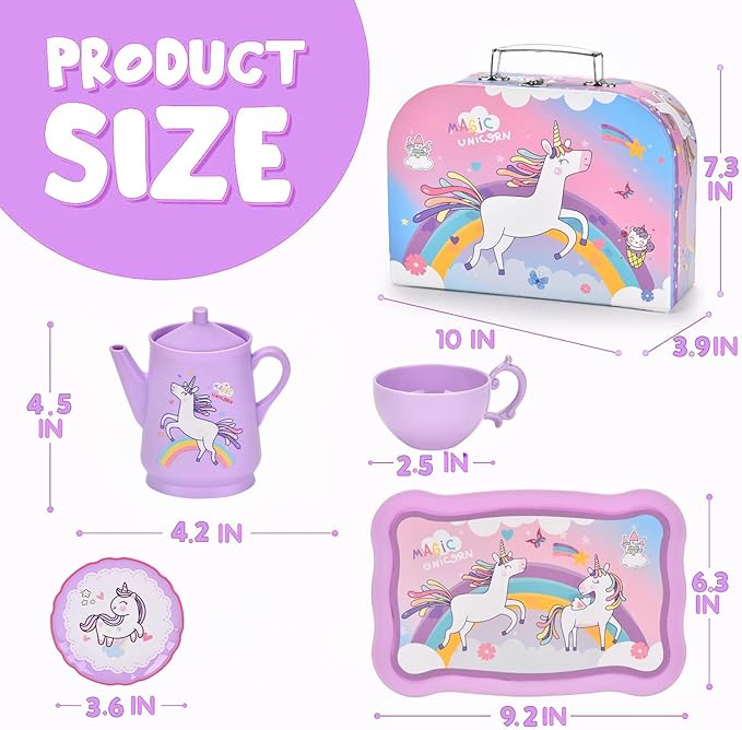 Unicorn Tea Party Set for Little Girls, Pretend Plastic Teapot Set, Princess Tea Time Play Kitchen Toy with Dessert, Carrying Case for Birthday Easter Gifts Kids Toddlers Age 3 4 5 6