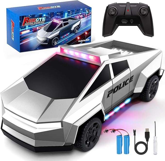 Tecnock RC Truck for Kids, 1:18 Scale Police Remote Control Truck with LED Lights, 2 Rechargeable Batteries, 2.4GHz All-Terrain RC Car, Toys Gift for Boys Girls Aged 3-8, 8-12