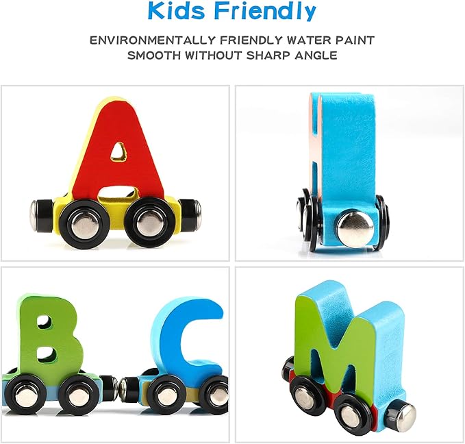 Wondertoys Wooden Alphabet Train Toy 27 PCS Magnetic Alphabet ABC Letter Train Set Includes 42 PCS Flash Cards, 1 Engine and 1 Storage Box for Toddlers Kids Boys and Girls