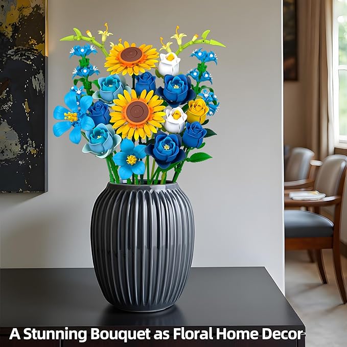 Blue Rose Sunflowers Bouquet Building Set - Compatible with Lego Flowers for Adults Women, Van Gogh's Starry Night and Sunflowers Style, Collection Christmas Mother's Day Valentine's Gifts Home Decor