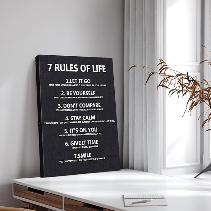 7 Rules of Life Motivational Wall Decor Inspirational Wall Art for Office & Home - Positive Quotes Canvas Prints Ready to Hang, Uplifting Wall Decor for Living Room, Bedroom or Office Wall Art