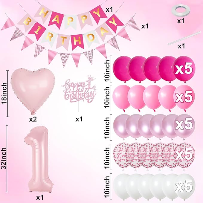 1st Birthday Decorations Girls, Pink First Birthday Balloon Set Hot Light Pink White Confetti Balloons Number 1 Balloon Heart Bday Banner Cake Topper for Baby Girl Princess 1 Year Old Bday Party Decor