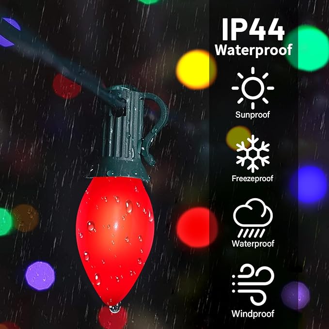 25FT C7 Ceramic Multicolor Christmas Lights Outdoor, Vintage Christmas Lights Green Wire with 25+2 Multicolored C7 Light Bulbs, Hanging String Light for Xmas Tree Home Yard Party Decor, 5W, E12 Base