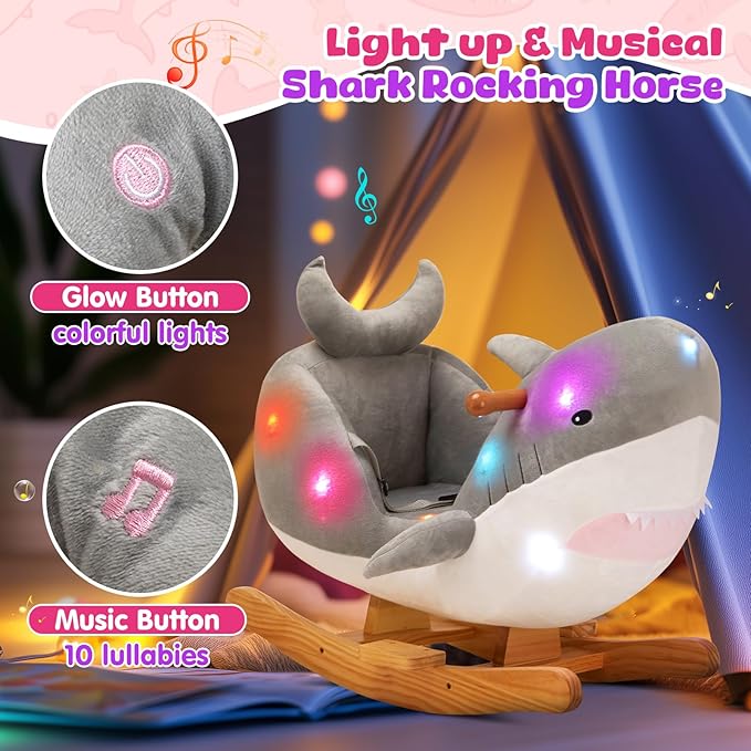 Glow Guards Grey Shark Rocking Horse with Chair Muical Light up Shark Stuffed Animal for Ages 1-3 Toddlers Kids Babies Ride Toy Birthday Christmas
