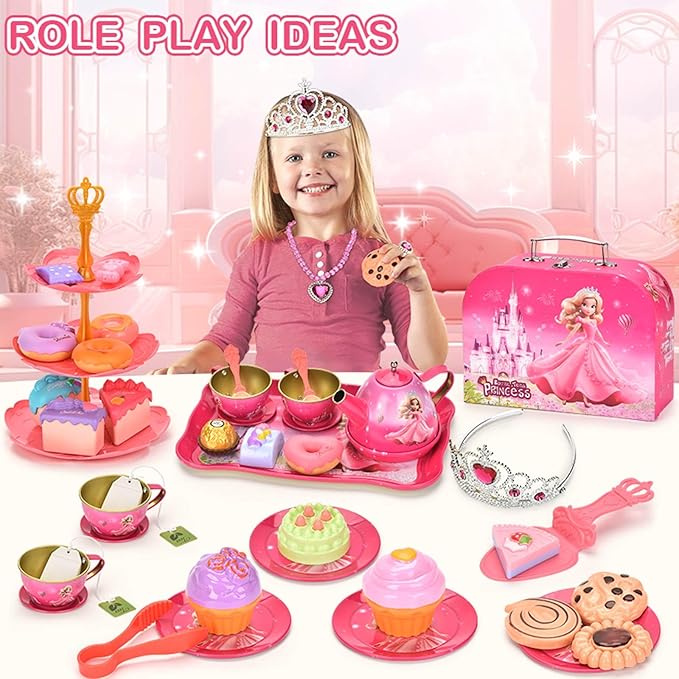 Tea Party Set for Little Girls, Pretend Tin Teapot Set, Princess Tea Time Play Kitchen Toy with Cups, Plates and Accessories for Birthday Easter Gifts Kids Toddlers Age 3 4 5 6