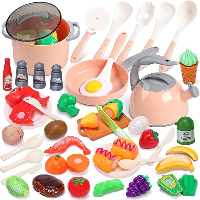 CUTE STONE Toy Kitchen Accessories Set, Play Food Sets for Kids Kitchen, Kids Cooking Sets with Play Pots and Pans, Utensils Cookware Toys, Toddler Kitchen Playset, Play Kitchen Toy for Girls Boys