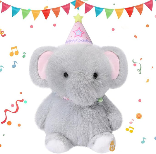 Birthday Elephant Plush Toy Clap Activated with Voice Recording Singing Dancing Interactive Stuffed Animal Gift for Toddler Kids Boys Girls