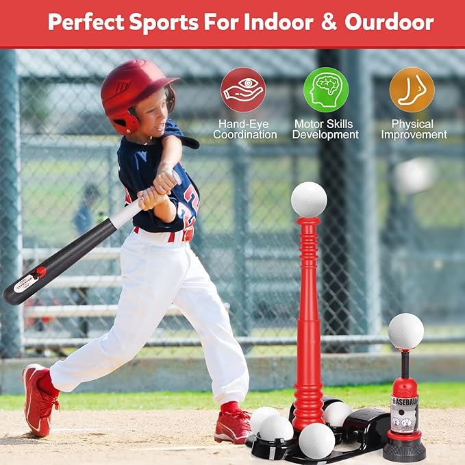 T Ball Set, Tee Ball Set for Kids 3-5 with 6 Large Baseballs & Automatic Pitching Machine & Adjustable Batting Bat, Outdoor Games Sports Toy Gift for Toddlers Boys Girls Ages 5-8 8-12