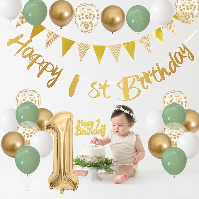 1st Birthday Decorations for Boys Girls, Sage Green White Gold Birthday Balloons with Happy 1st Birthday Banner First Birthday Cake Decoration Number 1 Balloon for Baby 1 Year Old Birthday Party Decor